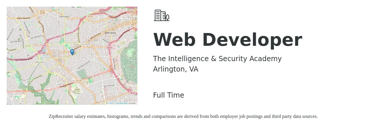 The Intelligence & Security Academy job posting for a Web Developer in Arlington, VA with a salary of $37 to $58 Hourly with a map of Arlington location.