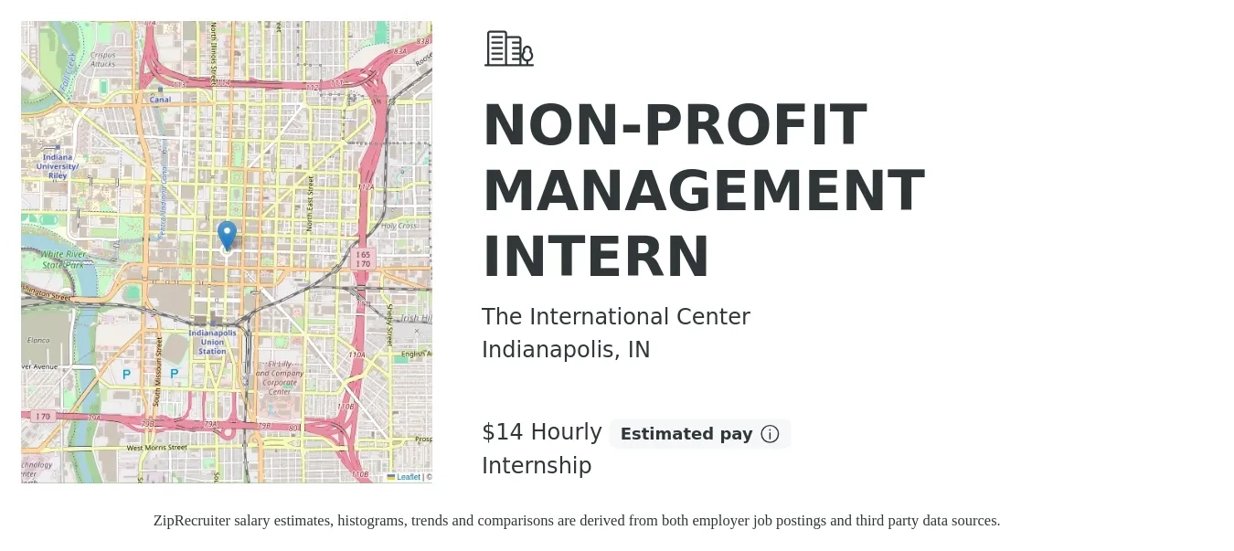 The International Center job posting for a NON-PROFIT MANAGEMENT INTERN in Indianapolis, IN with a salary of $15 Hourly with a map of Indianapolis location.