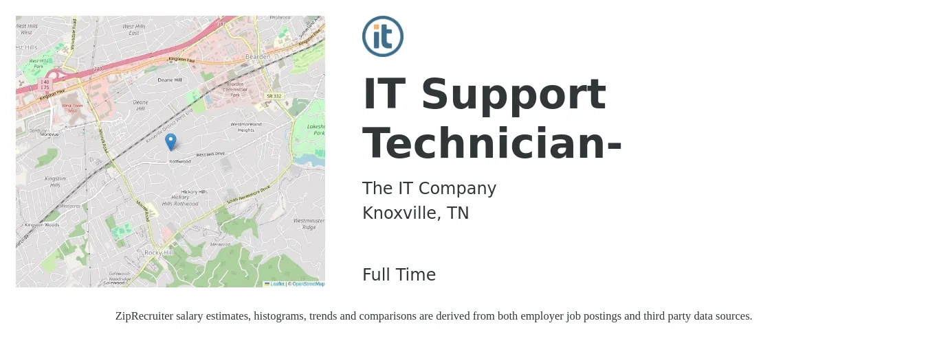 The IT Company job posting for a IT Support Technician- in Knoxville, TN with a salary of $45 Hourly with a map of Knoxville location.