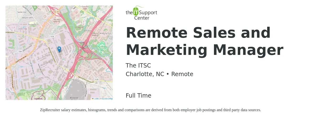 The ITSC job posting for a Remote Sales and Marketing Manager in Charlotte, NC with a salary of $46,400 to $77,600 Yearly and benefits including medical, and pto with a map of Charlotte location.