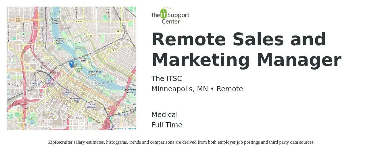 The ITSC job posting for a Remote Sales and Marketing Manager in Minneapolis, MN with a salary of $49,600 to $83,000 Yearly and benefits including medical, and pto with a map of Minneapolis location.