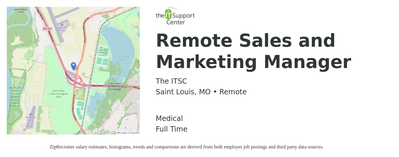 The ITSC job posting for a Remote Sales and Marketing Manager in Saint Louis, MO with a salary of $46,200 to $77,300 Yearly and benefits including medical, and pto with a map of Saint Louis location.