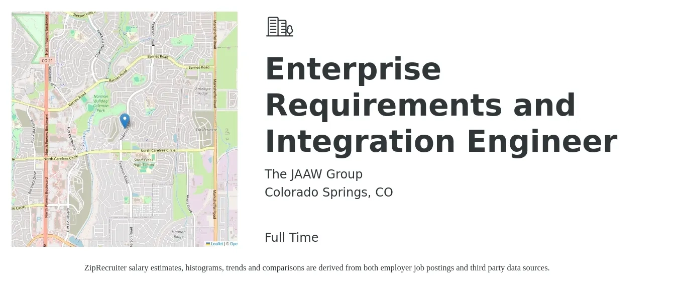 The JAAW Group job posting for a Enterprise Requirements and Integration Engineer in Colorado Springs, CO with a salary of $54 to $89 Hourly with a map of Colorado Springs location.