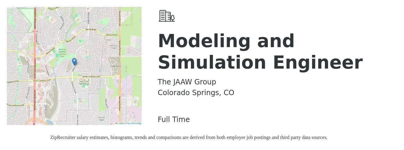The JAAW Group job posting for a Modeling and Simulation Engineer in Colorado Springs, CO with a salary of $90,700 to $144,400 Yearly with a map of Colorado Springs location.