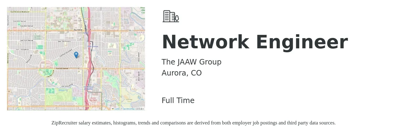 The JAAW Group job posting for a Network Engineer in Aurora, CO with a salary of $90,700 to $136,000 Yearly with a map of Aurora location.