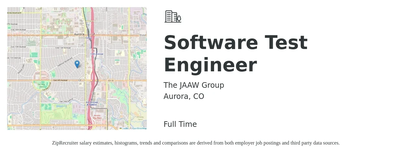 The JAAW Group job posting for a Software Test Engineer in Aurora, CO with a salary of $44 to $62 Hourly with a map of Aurora location.