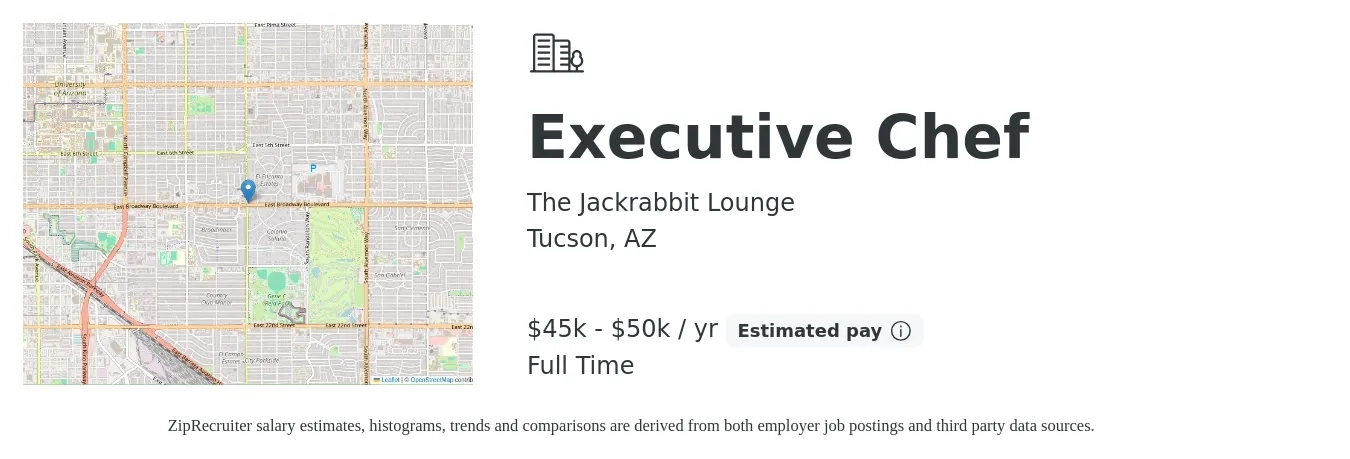The Jackrabbit Lounge job posting for a Executive Chef in Tucson, AZ with a salary of $45,000 to $50,000 Yearly with a map of Tucson location.