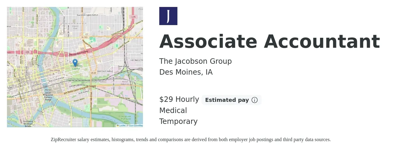 The Jacobson Group job posting for a Associate Accountant in Des Moines, IA with a salary of $31 Hourly and benefits including medical with a map of Des Moines location.