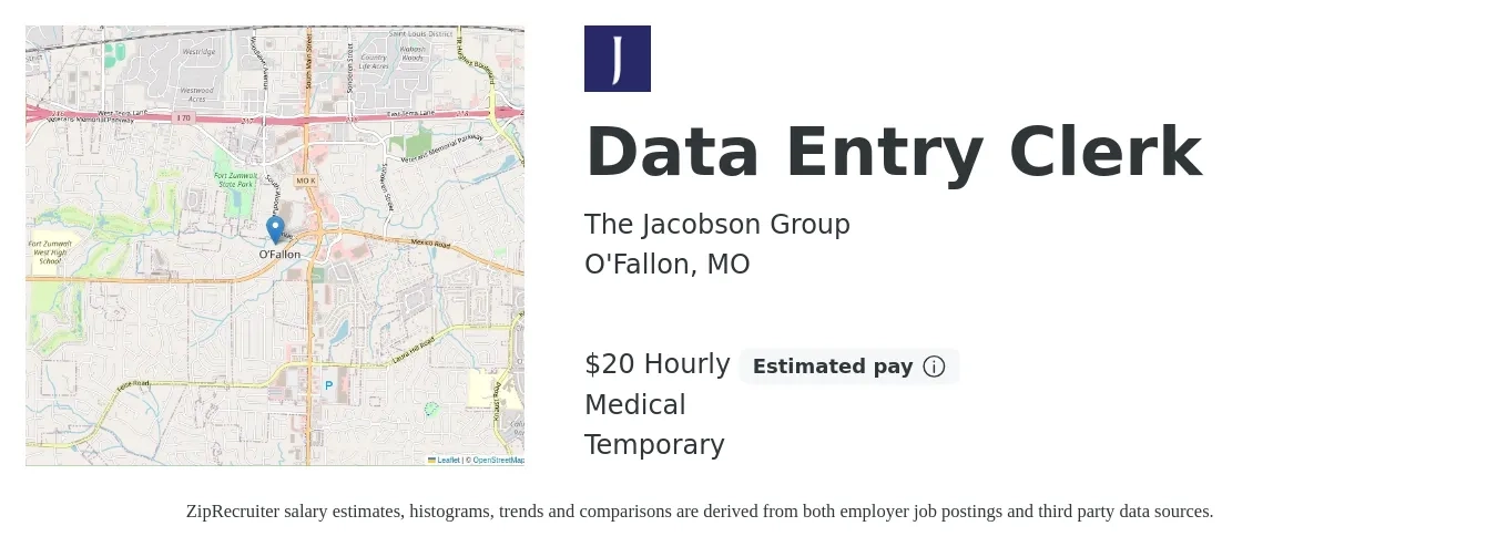 The Jacobson Group job posting for a Data Entry Clerk in O'Fallon, MO with a salary of $21 Hourly and benefits including medical with a map of O'Fallon location.