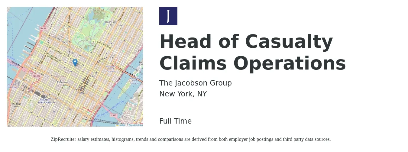 The Jacobson Group job posting for a Head of Casualty Claims Operations in New York, NY with a salary of $115,400 to $154,300 Yearly with a map of New York location.