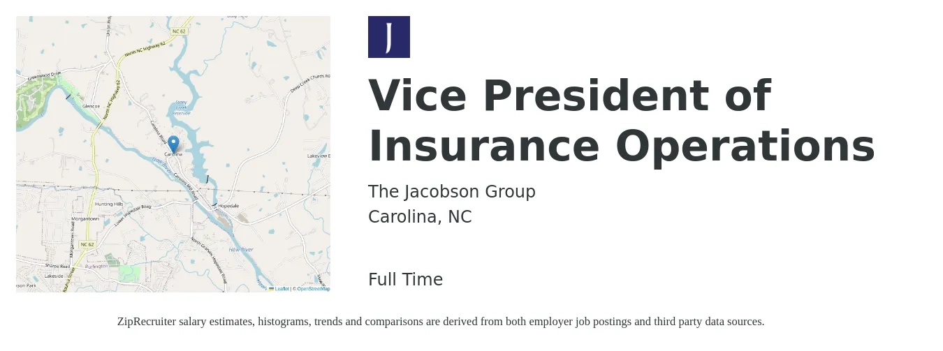 The Jacobson Group job posting for a Vice President of Insurance Operations in Carolina, NC with a salary of $102,700 to $164,500 Yearly with a map of Carolina location.