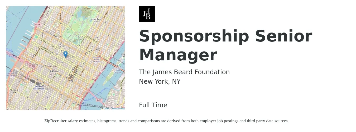 The James Beard Foundation job posting for a Sponsorship Senior Manager in New York, NY with a salary of $70,000 to $80,000 Yearly with a map of New York location.