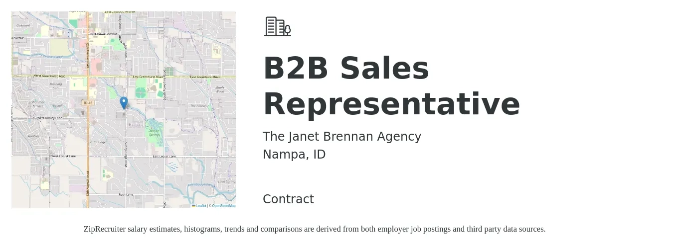 The Janet Brennan Agency job posting for a B2B Sales Representative in Nampa, ID with a salary of $46,600 to $77,900 Yearly with a map of Nampa location.