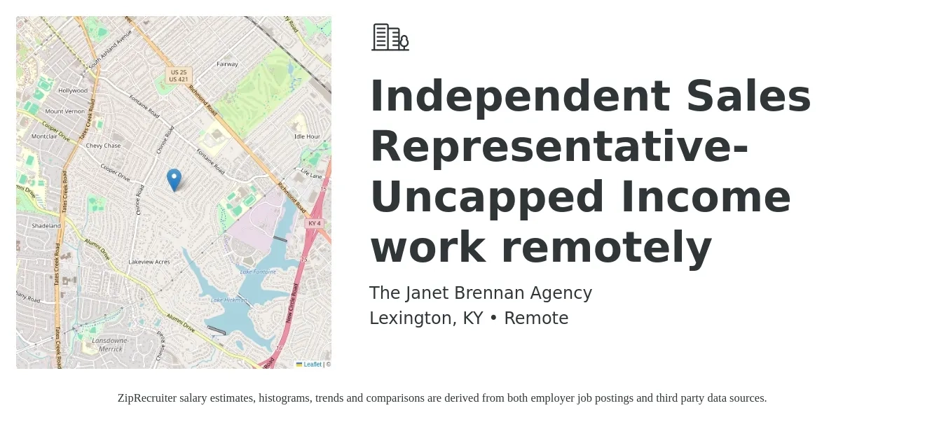 The Janet Brennan Agency job posting for a Independent Sales Representative- Uncapped Income work remotely in Lexington, KY with a salary of $50,000 Yearly with a map of Lexington location.