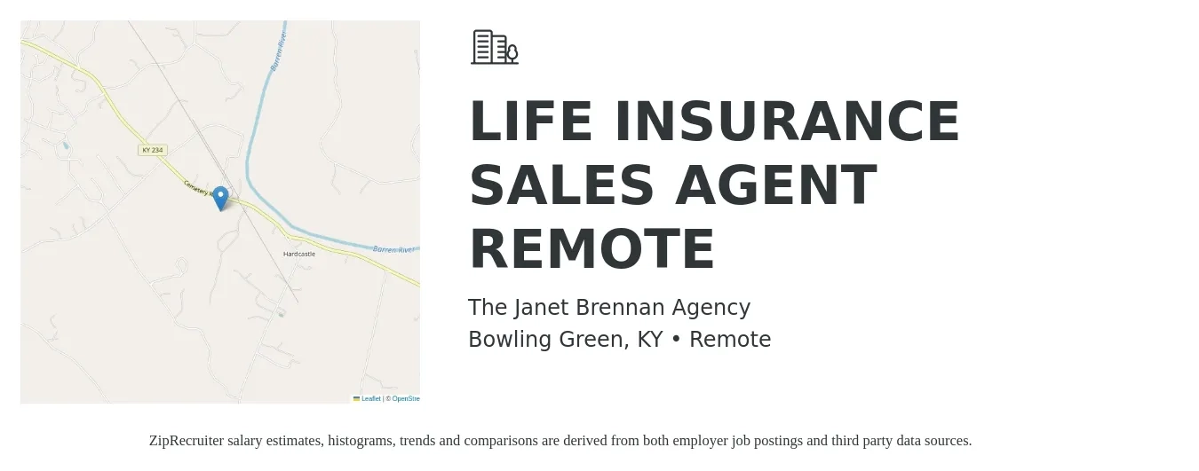 The Janet Brennan Agency job posting for a LIFE INSURANCE SALES AGENT REMOTE in Bowling Green, KY with a salary of $50,000 Yearly with a map of Bowling Green location.