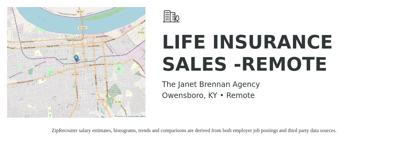 The Janet Brennan Agency job posting for a LIFE INSURANCE SALES -REMOTE in Owensboro, KY with a salary of $50,000 Yearly with a map of Owensboro location.