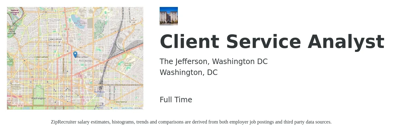 The Jefferson, Washington DC job posting for a Client Service Analyst in Washington, DC with a salary of $24 to $42 Hourly with a map of Washington location.