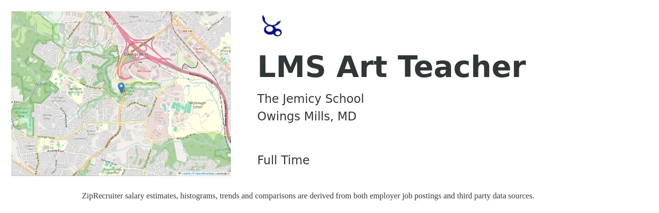 The Jemicy School job posting for a LMS Art Teacher in Owings Mills, MD with a salary of $42,400 to $57,200 Yearly with a map of Owings Mills location.
