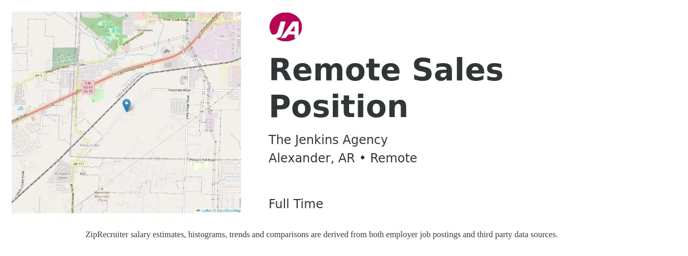 The Jenkins Agency job posting for a Remote Sales Position in Alexander, AR with a salary of $50,400 to $87,700 Yearly with a map of Alexander location.