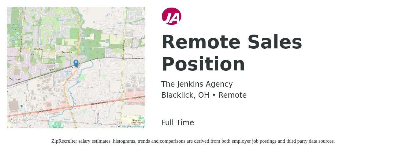 The Jenkins Agency job posting for a Remote Sales Position in Blacklick, OH with a salary of $51,200 to $93,300 Yearly with a map of Blacklick location.