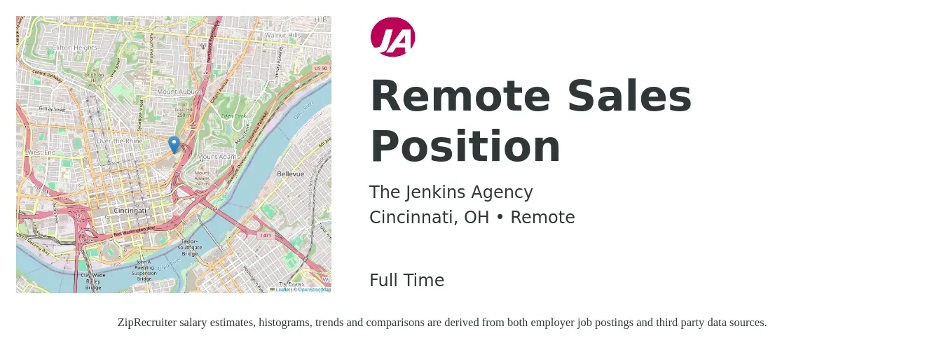 The Jenkins Agency job posting for a Remote Sales Position in Cincinnati, OH with a salary of $51,400 to $89,300 Yearly with a map of Cincinnati location.