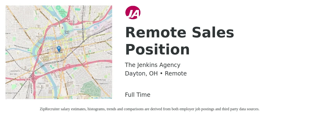 The Jenkins Agency job posting for a Remote Sales Position in Dayton, OH with a salary of $52,000 to $90,300 Yearly with a map of Dayton location.
