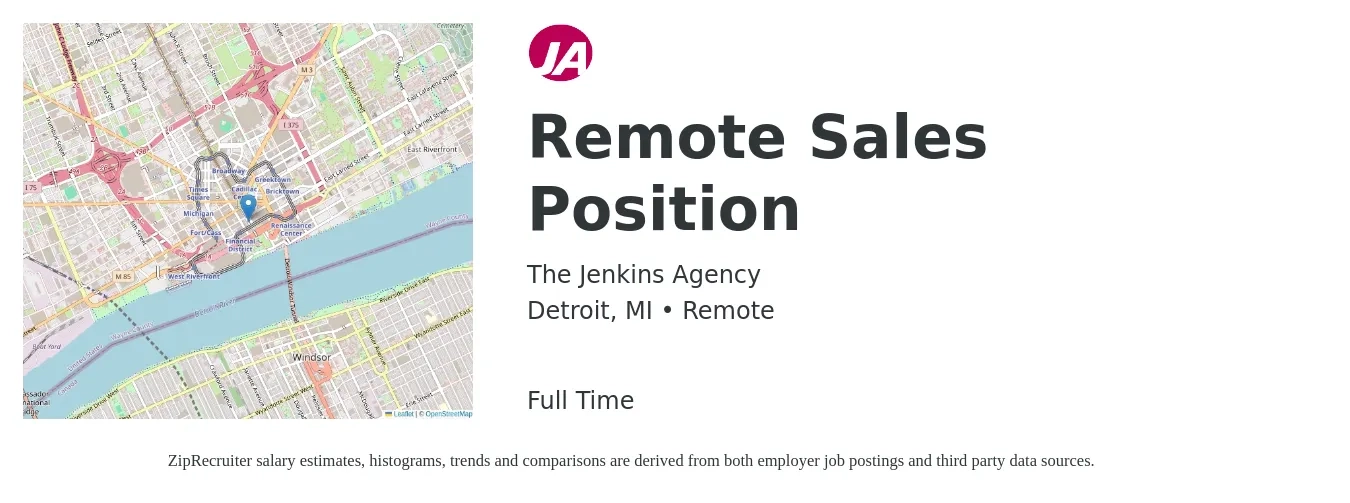 The Jenkins Agency job posting for a Remote Sales Position in Detroit, MI with a salary of $52,900 to $91,900 Yearly with a map of Detroit location.