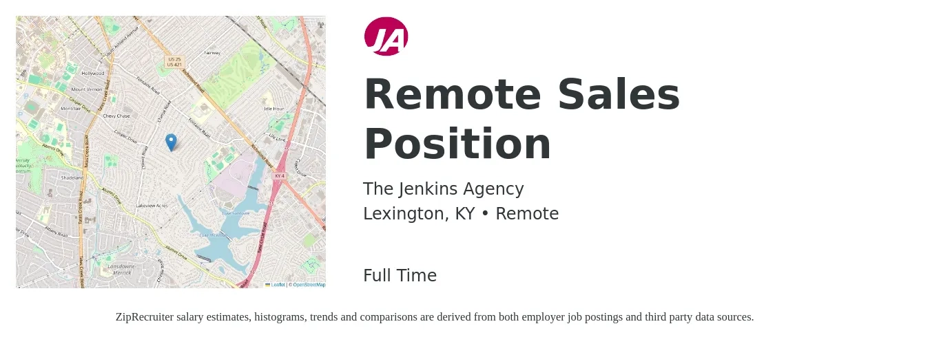The Jenkins Agency job posting for a Remote Sales Position in Lexington, KY with a salary of $47,100 to $81,800 Yearly with a map of Lexington location.