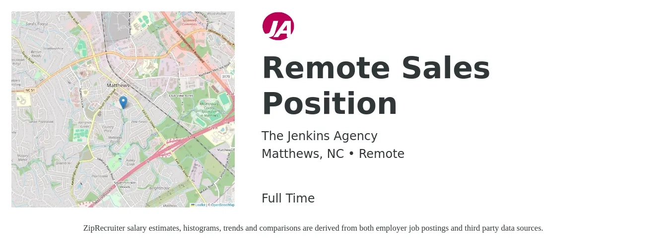 The Jenkins Agency job posting for a Remote Sales Position in Matthews, NC with a salary of $50,300 to $87,400 Yearly with a map of Matthews location.