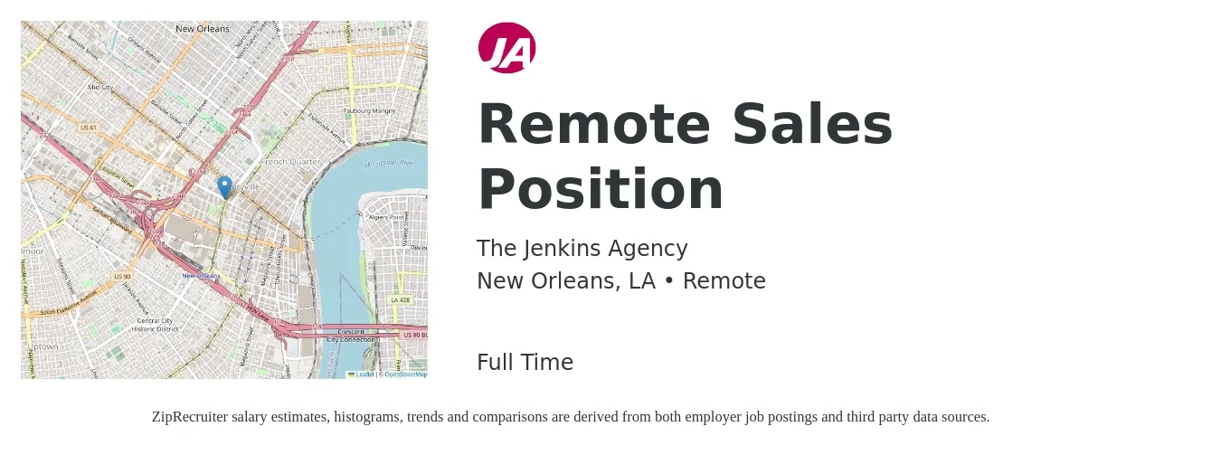 The Jenkins Agency job posting for a Remote Sales Position in New Orleans, LA with a salary of $50,800 to $88,400 Yearly with a map of New Orleans location.