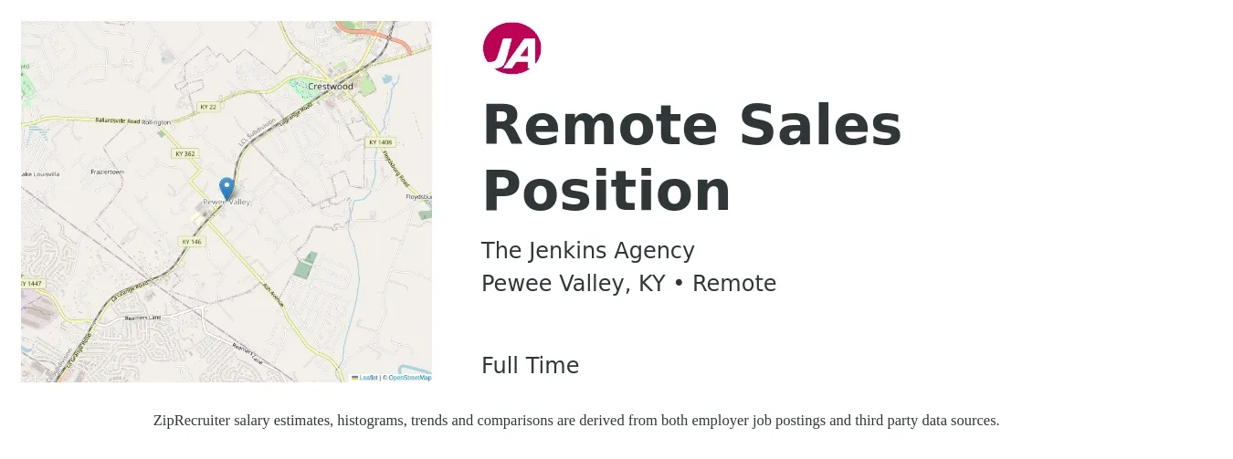The Jenkins Agency job posting for a Remote Sales Position in Pewee Valley, KY with a salary of $49,100 to $85,300 Yearly with a map of Pewee Valley location.