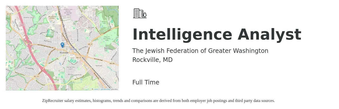 The Jewish Federation of Greater Washington job posting for a Intelligence Analyst in Rockville, MD with a salary of $48,900 to $105,000 Yearly with a map of Rockville location.
