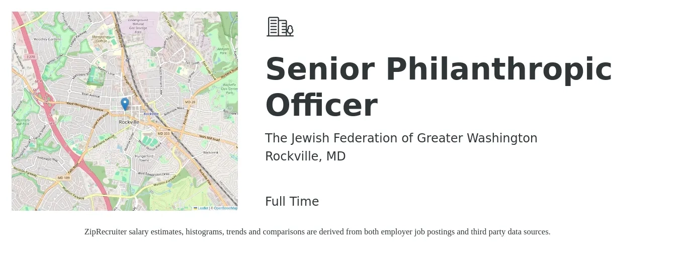 The Jewish Federation of Greater Washington job posting for a Senior Philanthropic Officer in Rockville, MD with a salary of $42,300 to $105,000 Yearly with a map of Rockville location.