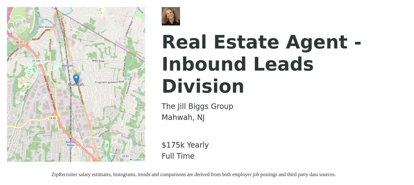 The Jill Biggs Group job posting for a Real Estate Agent - Inbound Leads Division in Mahwah, NJ with a salary of $175,000 Yearly with a map of Mahwah location.