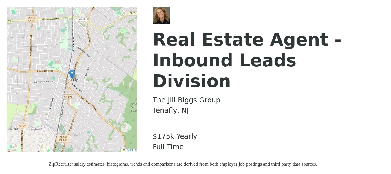The Jill Biggs Group job posting for a Real Estate Agent - Inbound Leads Division in Tenafly, NJ with a salary of $175,000 Yearly with a map of Tenafly location.