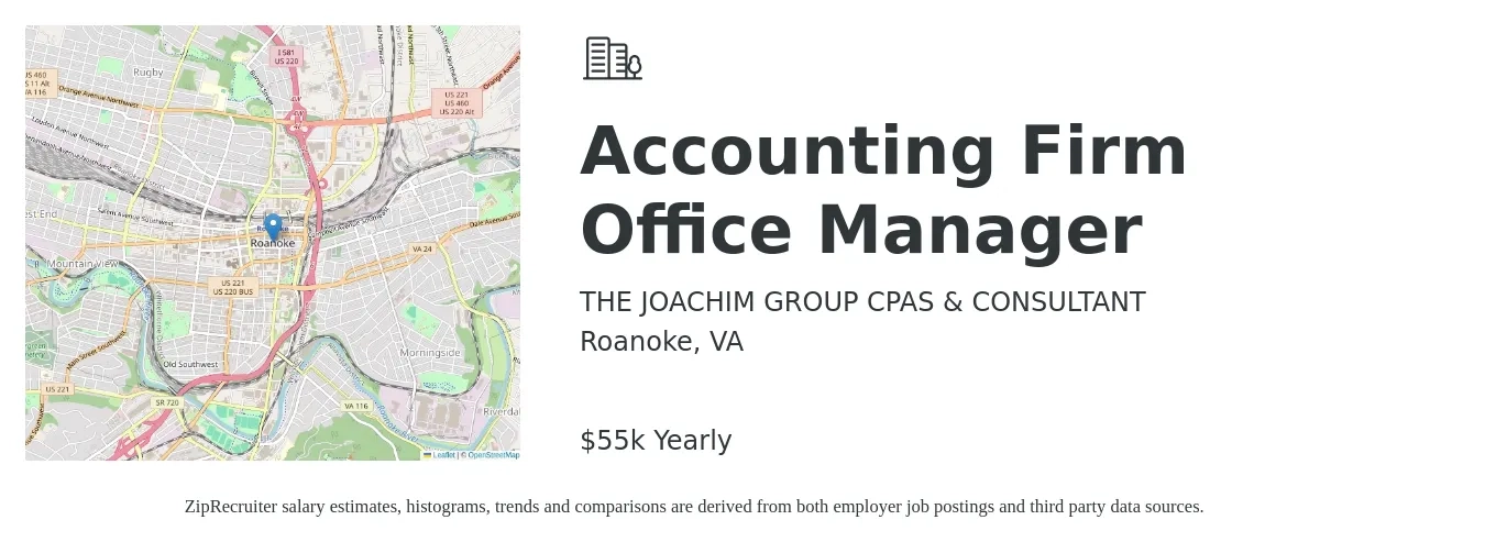 THE JOACHIM GROUP CPAS & CONSULTANT job posting for a Accounting Firm Office Manager in Roanoke, VA with a salary of $55,000 Yearly with a map of Roanoke location.