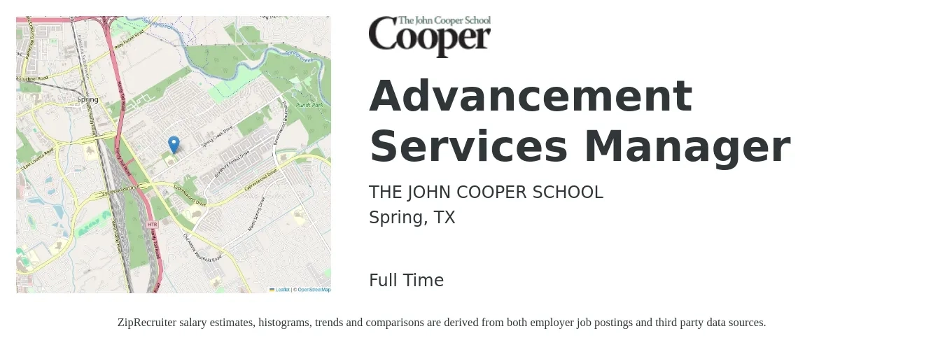 THE JOHN COOPER SCHOOL job posting for a Advancement Services Manager in Spring, TX with a salary of $47,600 to $73,700 Yearly with a map of Spring location.