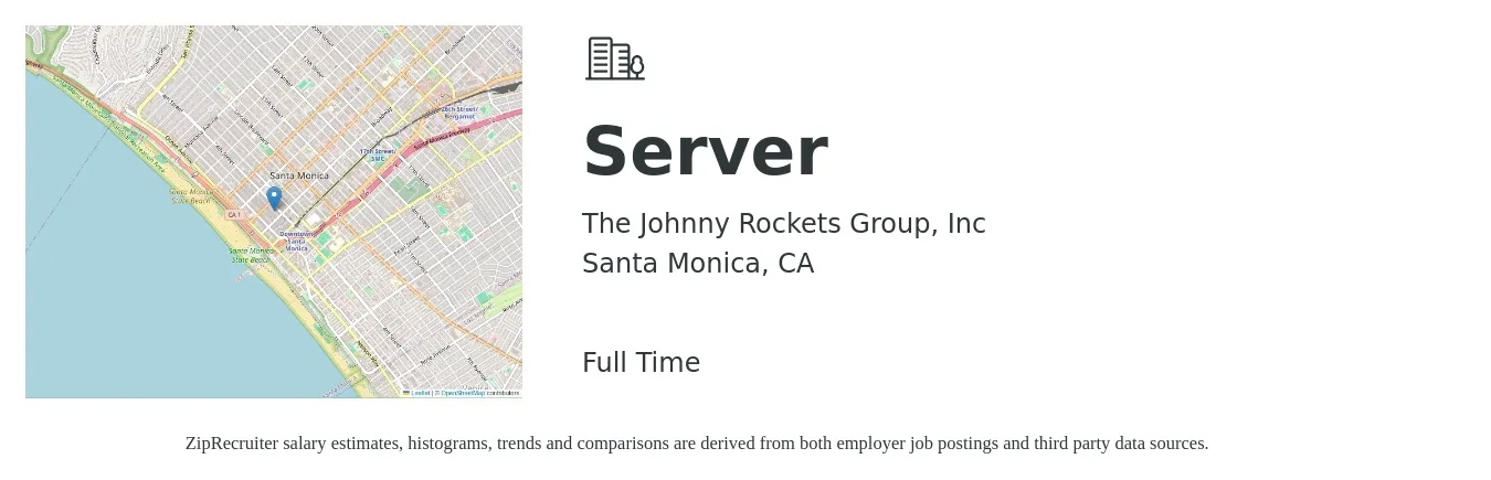 The Johnny Rockets Group, Inc job posting for a Server in Santa Monica, CA with a salary of $12 to $20 Hourly with a map of Santa Monica location.