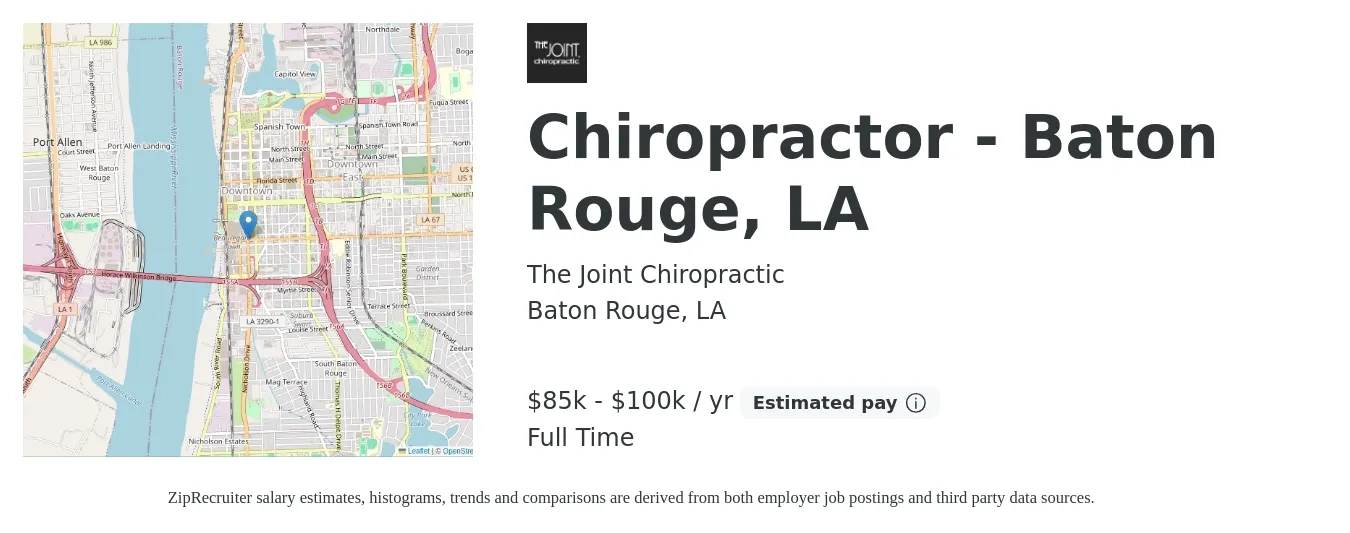 The Joint Chiropractic job posting for a Chiropractor - Baton Rouge, LA in Baton Rouge, LA with a salary of $85,000 to $100,000 Yearly with a map of Baton Rouge location.