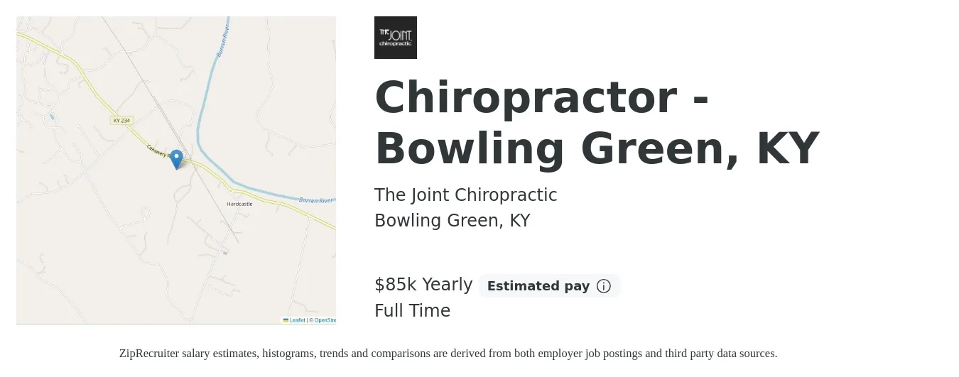 The Joint Chiropractic job posting for a Chiropractor - Bowling Green, KY in Bowling Green, KY with a salary of $85,000 Yearly with a map of Bowling Green location.