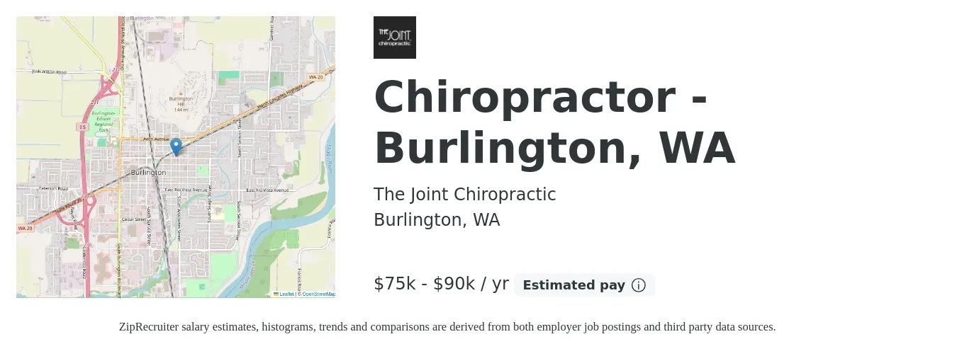 The Joint Chiropractic job posting for a Chiropractor - Burlington, WA in Burlington, WA with a salary of $32 to $35 Hourly with a map of Burlington location.