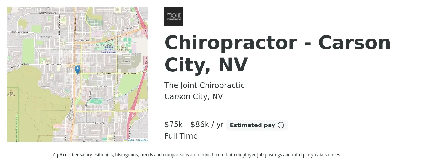The Joint Chiropractic job posting for a Chiropractor - Carson City, NV in Carson City, NV with a salary of $75,000 to $86,000 Yearly with a map of Carson City location.