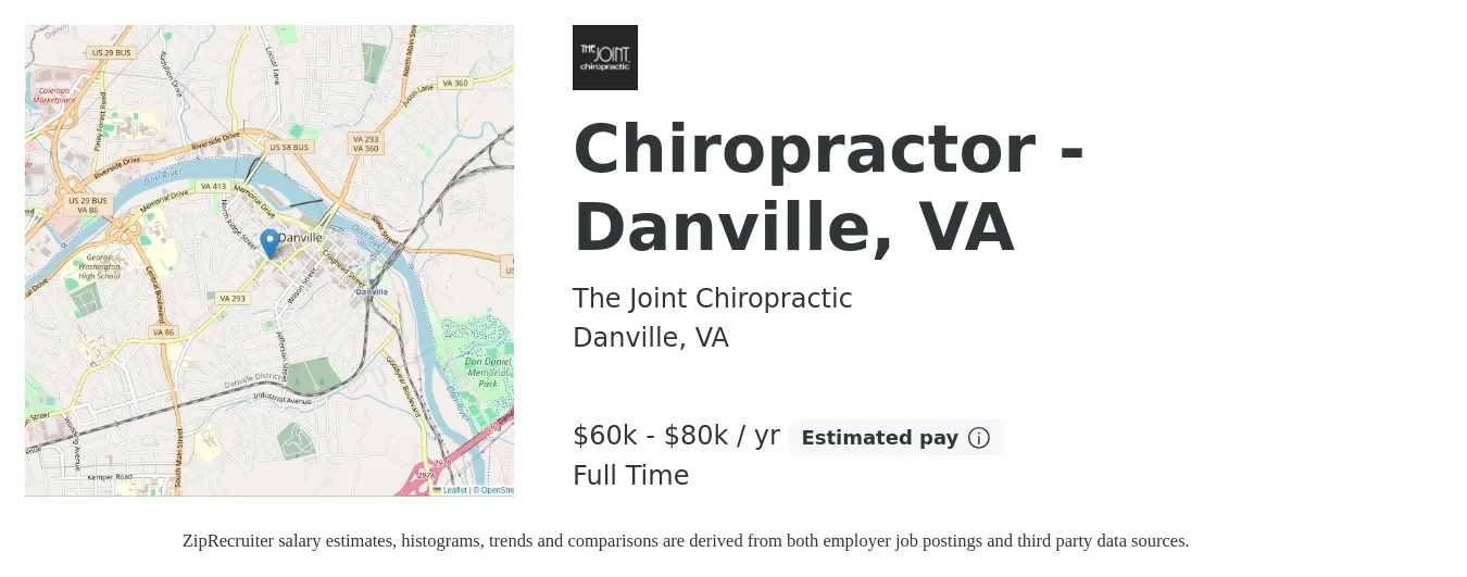 The Joint Chiropractic job posting for a Chiropractor - Danville, VA in Danville, VA with a salary of $80,000 to $85,000 Yearly with a map of Danville location.