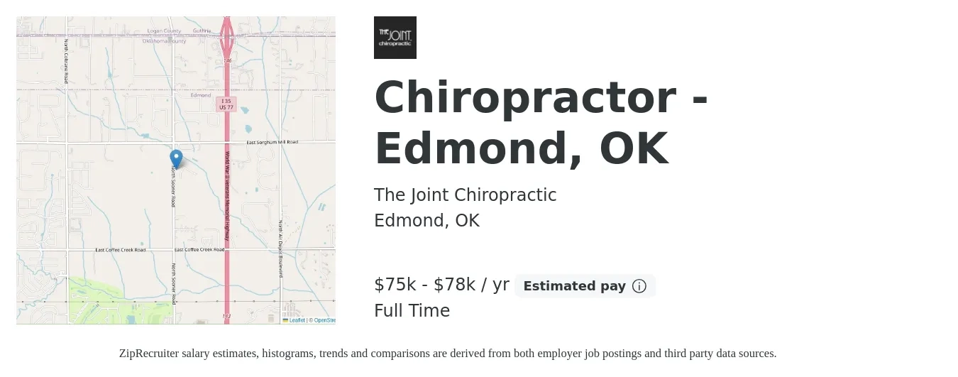 The Joint Chiropractic job posting for a Chiropractor - Edmond, OK in Edmond, OK with a salary of $75,000 Yearly with a map of Edmond location.