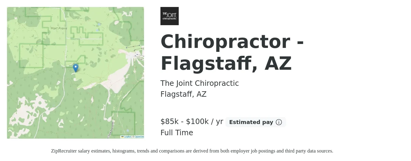 The Joint Chiropractic job posting for a Chiropractor - Flagstaff, AZ in Flagstaff, AZ with a salary of $85,000 to $100,000 Yearly with a map of Flagstaff location.