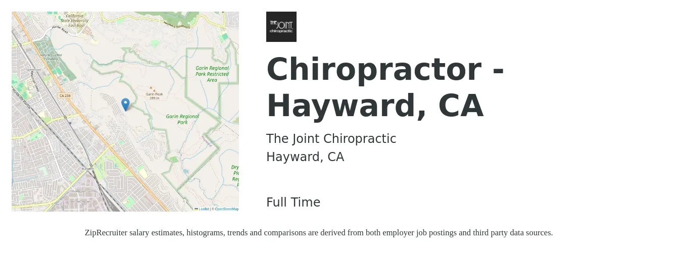 The Joint Chiropractic job posting for a Chiropractor - Hayward, CA in Hayward, CA with a salary of $87,700 to $107,200 Yearly with a map of Hayward location.