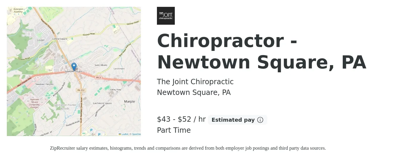 The Joint Chiropractic job posting for a Chiropractor - Newtown Square, PA in Newtown Square, PA with a salary of $45 to $55 Hourly with a map of Newtown Square location.