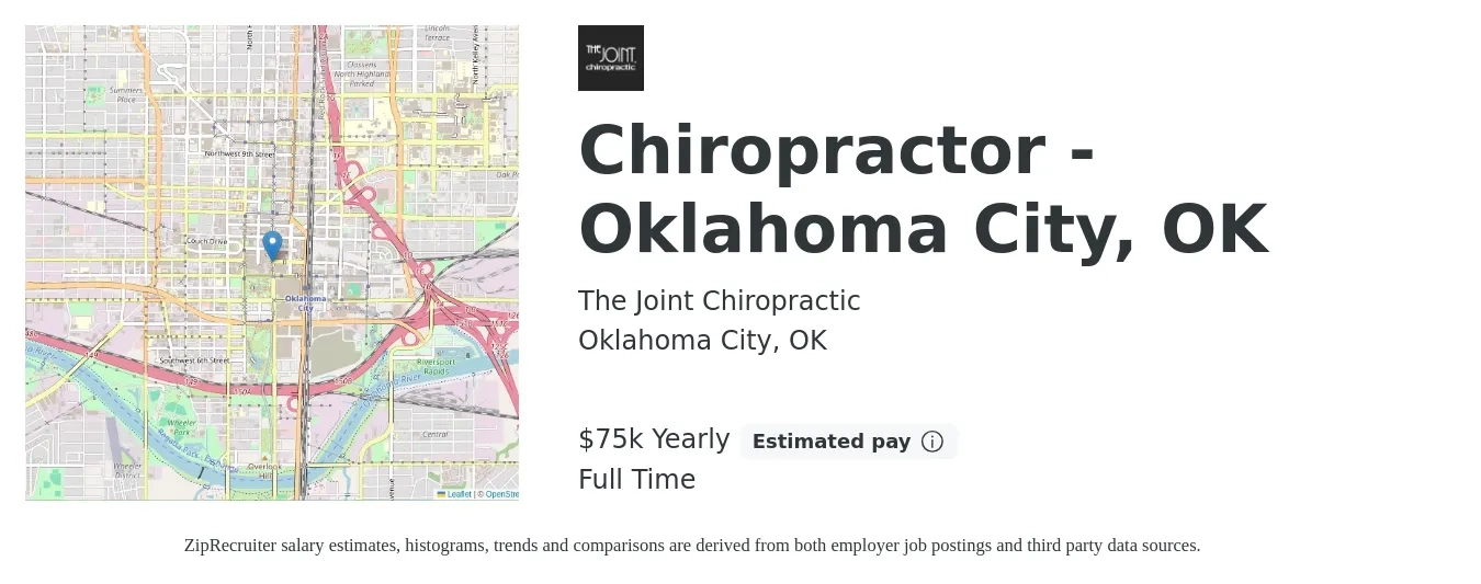 The Joint Chiropractic job posting for a Chiropractor - Oklahoma City, OK in Oklahoma City, OK with a salary of $75,000 Yearly with a map of Oklahoma City location.