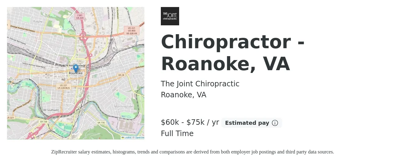 The Joint Chiropractic job posting for a Chiropractor - Roanoke, VA in Roanoke, VA with a salary of $60,000 to $75,000 Yearly with a map of Roanoke location.