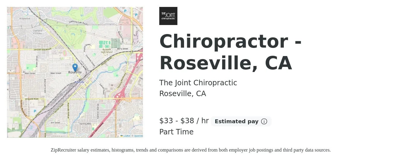 The Joint Chiropractic job posting for a Chiropractor - Roseville, CA in Roseville, CA with a salary of $35 to $40 Hourly with a map of Roseville location.